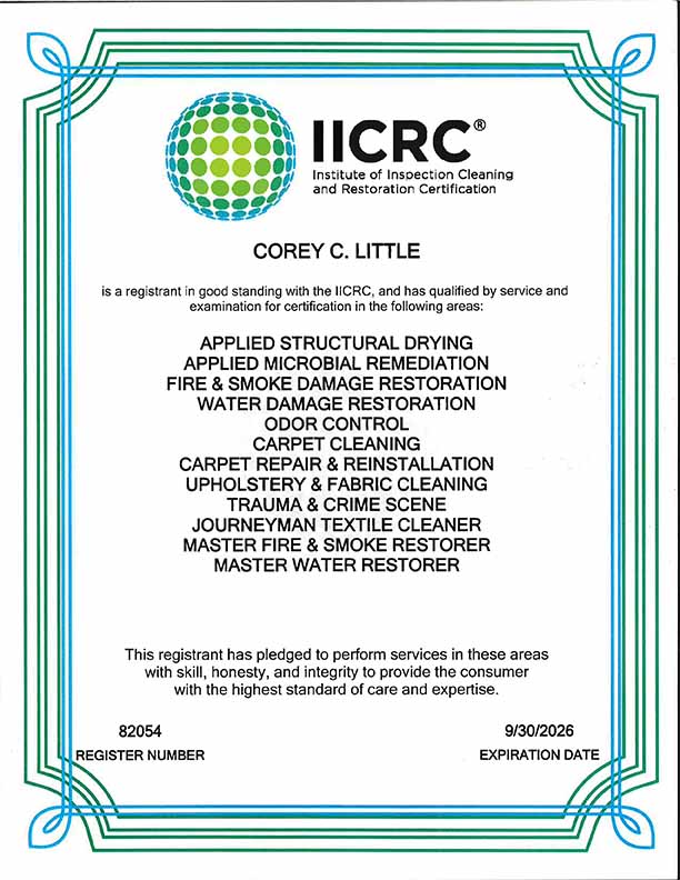 Corey Little IICRC Certification Bulovas Restoration